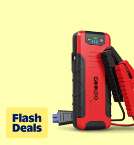 Image shows a red and black Gooloo car battery jump starter on a yellow background.
