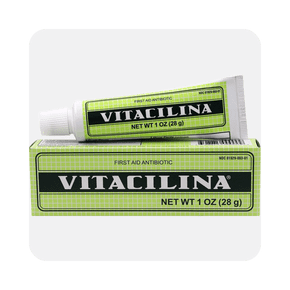 Image shows a green and white tube of Vitacilina first-aid antibiotico neomycin sulfate ointment (one ounce) placed on its corresponding box.