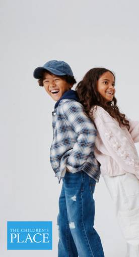 A boy and girl are shown. She wears a light pink ribbon sleeve cable knit sweater, white cargo pants. He wears a plaid flannel hooded top and jeans.