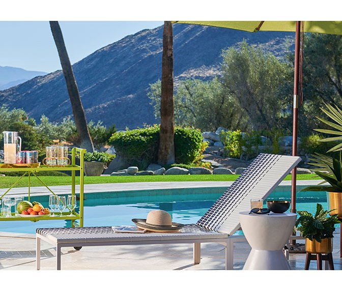 Patio Furniture Grills Shade More A Chaise Lounge By Retro Green Bar Cart Under Umbrella The Pool