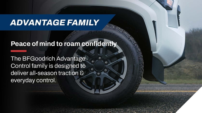 A close up shot of a BF Goodrich Advantage Control tire equipped on an SUV.