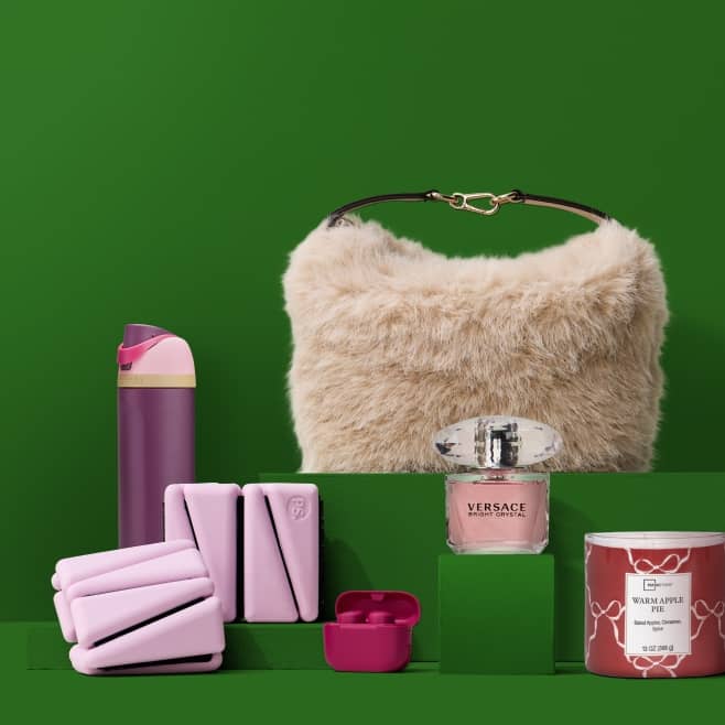 An image of a water bottle, handbag, wireless earbuds, Versace perfume and a Mainstays candle.