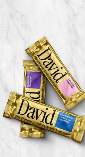 Protein bars from David protein on a white and gray marble surface