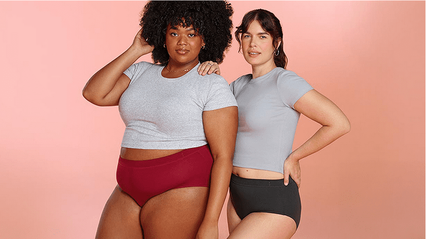 Two women wearing Thinx period underwear.