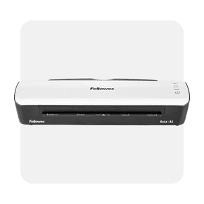 Image shows a white Fellowes Sola ninety-five thermal laminator machine with a black base on a light gray background.