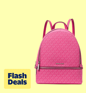 Image shows a pink Michael Kors backpack with a signature logo pattern on a light yellow background.