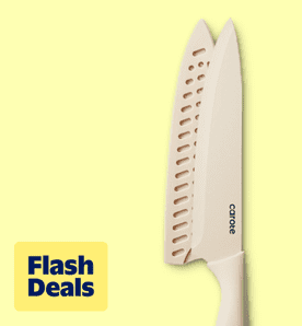 Flash deals. Image shows taupe Carote kitchen knives with a nonstick ceramic coating on a light yellow background.