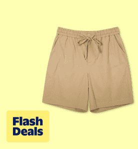 Flash deals. Image shows beige Iceglad cotton linen drawstring summer shorts on a light yellow background.