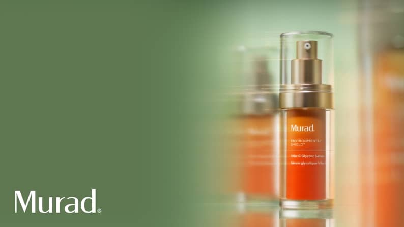 Green banner with Murad serum on the right side and text: Murad has landed. Shop now.