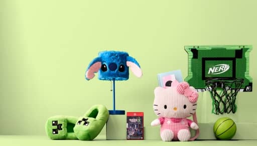 An image of green slippers, a Stitch lamp, a Pokémon game, a Hello Kitty bookbag and a Nerf hoop and ball.