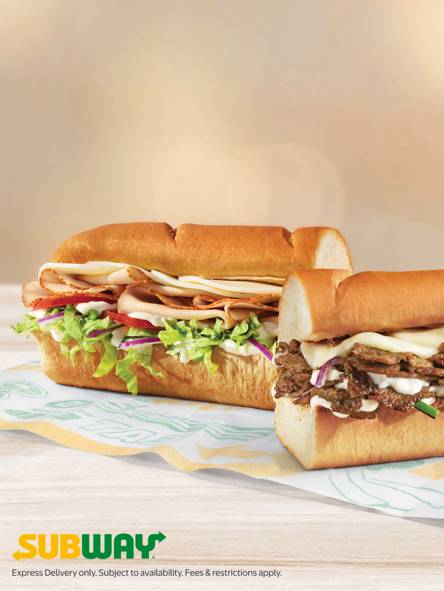 Subway sandwiches with deli meat and meatballs on branded paper. Express Delivery only. Subject to availability. Fees and restrictions apply.