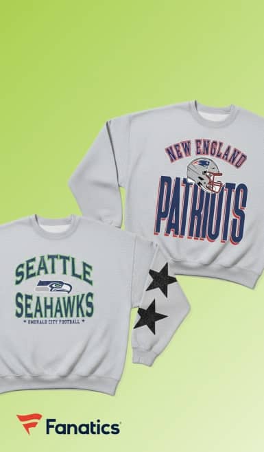 View two gray sweatshirts, one says New England Patriots and the other Seattle Seahawks. The Fanatics brand logo is shown.