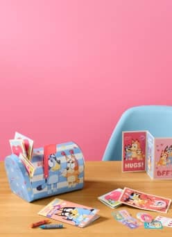 Bluey-themed mailbox and selection of cards featuring different Bluey characters.