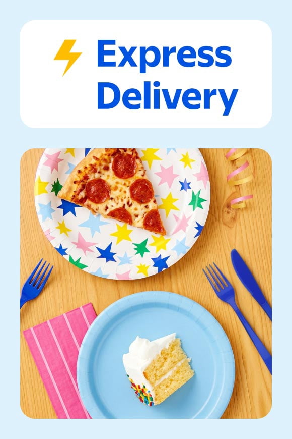 Colorful star design plate with a pizza slice and a blue plate with a cake slice. Blue cutlery and pink napkins.