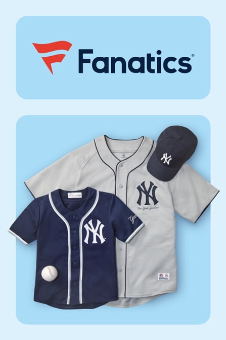 Fanatics logo. Branded team jerseys, baseball hat and baseball.