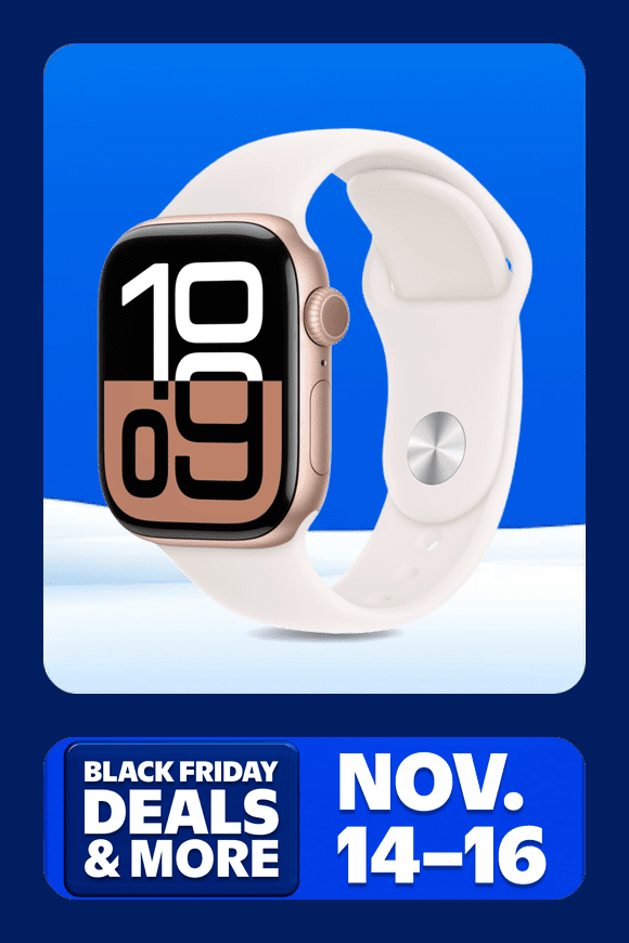 Image shows a rose gold Apple Watch with a light blush band on a vibrant blue background.