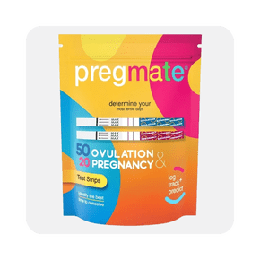 Image shows a multicolored PREGMATE test strips kit package for ovulation and pregnancy tests on a white background.
