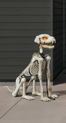 Close-up image of a skeleton dog on a front porch.