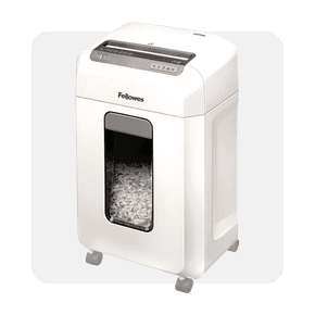 Image shows a white Fellowes twelve MS micro-cut paper shredder with a transparent window, placed on a light gray background.