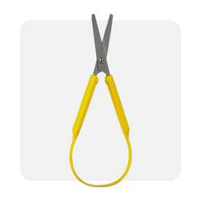 Image shows a pair of Pen+Gear eight-inch scissors with yellow loop handles and metal blades on a white background.
