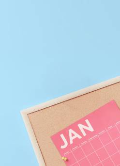 Pink calendar page labeled JAN pinned on a cork board.
