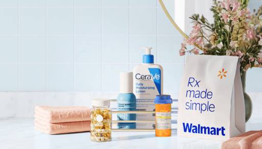 CeraVe body lotion, e.l.f. face moisturizer, prescription bottle, Ritual multivitamins, and a "Rx made simple" bag on a bathroom counter.