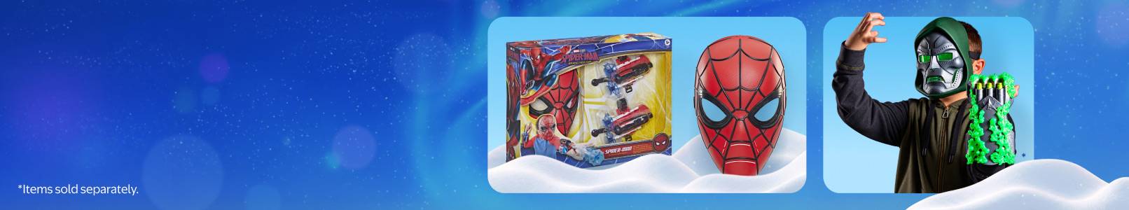 Items sold separately. Hasbro Spider Man toy set with mask and a child in a green and black mask holding a green clawed glove.
