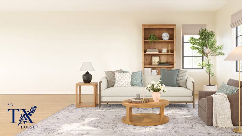 A cream living room with neutral upholstered seating, wood tables and bookshelf, and a mix of decor. A large rug lays on wood floors.