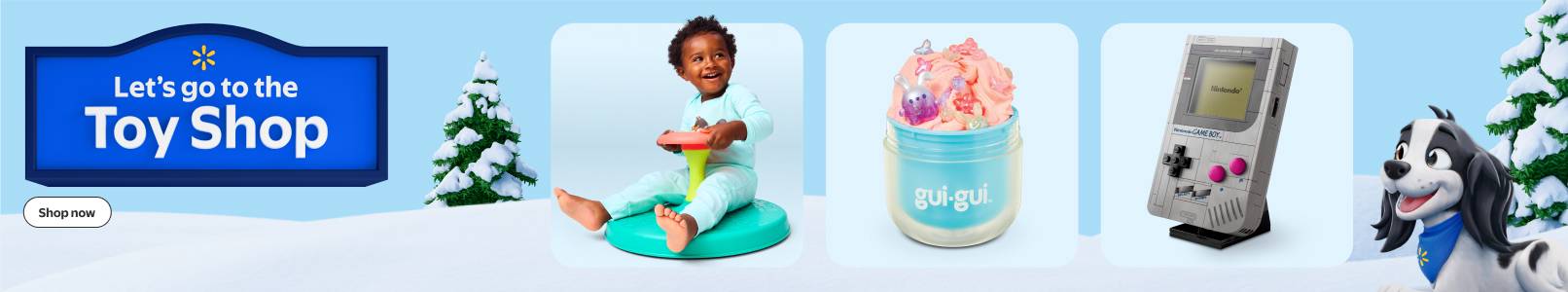 Badge that reads Let’s go to the Toy Shop. Child on a sit-and-spin toy, gui gui slime jar and Gameboy shown along with Lil’ Roy dog illustration.