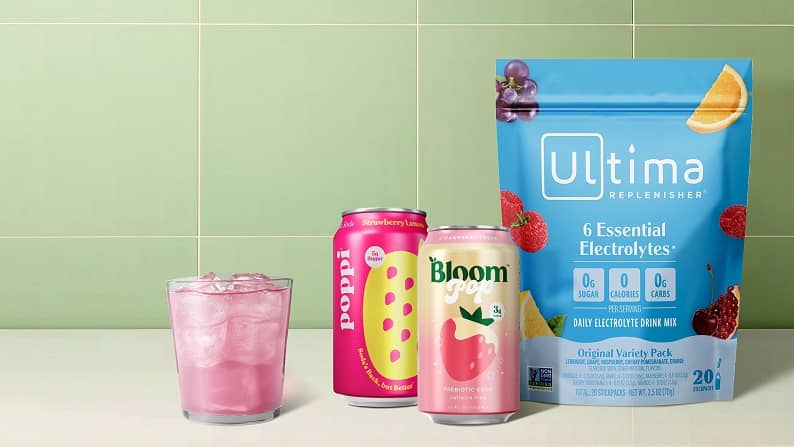 From $2.18. A can of Bloom and poppi functional drinks are shown next to Ultima Replenisher electrolyte packets.