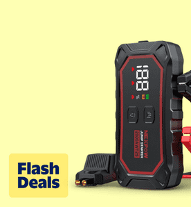 Image shows a black and red Nexpow car jump starter on a light yellow background.