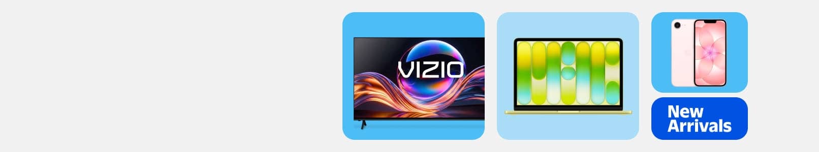 New Arrivals logo. VIZIO flat screen TV, an Apple Mac laptop and two Apple iPhones.