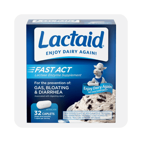 Box of Lactaid Fast Act lactase enzyme supplement containing 32 caplets. Packaging is blue and white with a cartoon cow mascot and an image of cookies