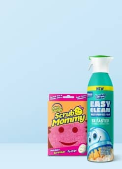Scrub Mommy sponge and Easy Clean spray on a countertop.