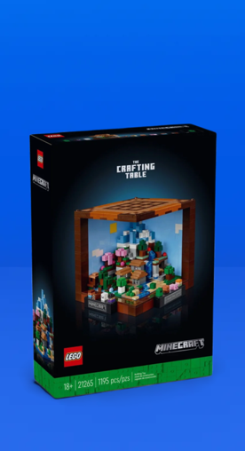 Image shows a black box of the LEGO Minecraft Crafting Table building set against a blue background.