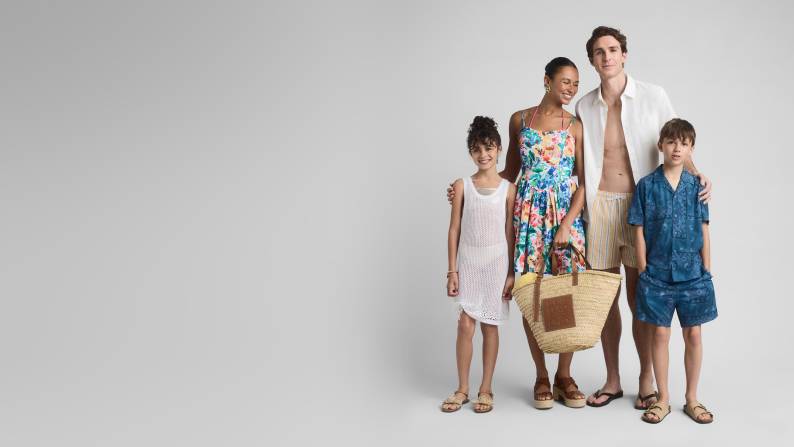 From eleven dollars. A family of four is wearing vacation outfits including swimwear, shorts and sandals.