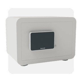 Image shows a medium ivory Honeywell Bluetooth touch digital security safe, designed for secure storage, against a plain background.