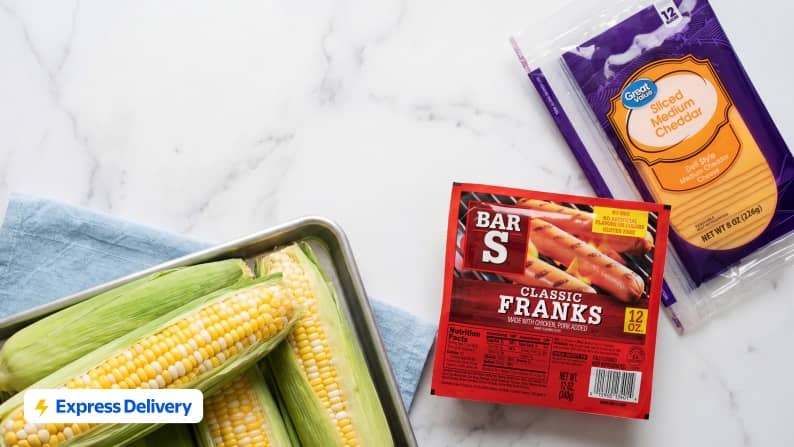 Express Delivery is subject to availability. T&C apply. Bar S classic franks, Great Value mild cheddar slices and fresh corn on the cob.