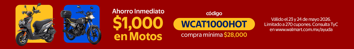 En la compra mínima de $28,000 en motos recibe una bonificación de $1,000. Ingresando el código WCAT1000HOT. Vigencia 23 y 24 de mayo. Límitado a 270 usos