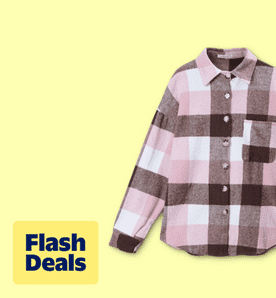 Image shows a pink and brown plaid button-up shirt by Fantaslook on a yellow background.
