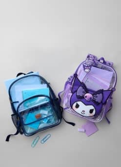 One girls’ clear purple backpack and one boys’ blue clear backpack.