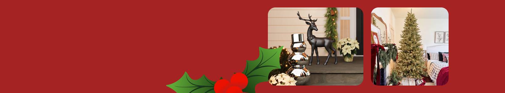 Metallic snowman and reindeer sculpture shown outside a house alongside a tree in a living room setting.