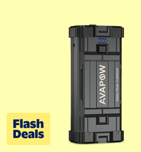 Image shows a black AVAPOW automotive jump starter on a pale yellow background.