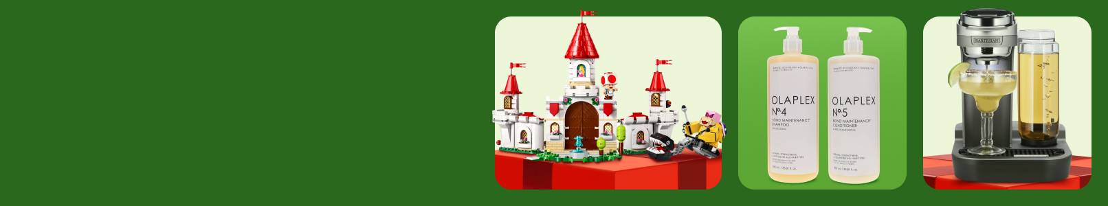 A LEGO Super Mario Brothers set, Olaplex hair products, and a margarita machine.