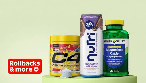 C4 pre workout, Nurri brand protein drink and Spring Valley magnesium supplements.