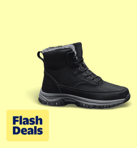 Image shows black Ecetana men's winter snow boots with anti-slip soles on a yellow background.