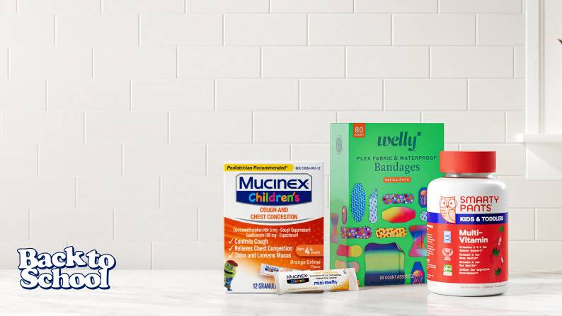 Collection of wellness products including Mucinex Children’s, Welly bandages, SmartyPants Kids Formula vitamins, and Bayer Children’s products.