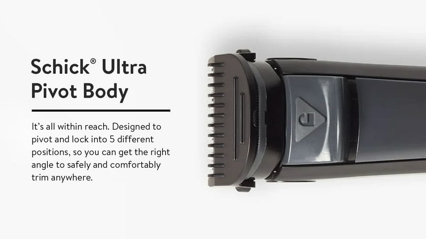 A black schick ultra pivot body grooming tool on a grey background