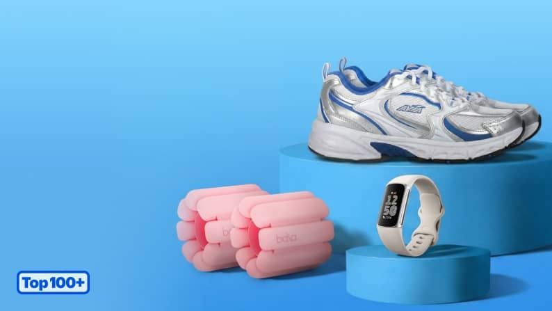 Sneakers, smart watch and arm weights. A badge reads: top one-hundred plus.