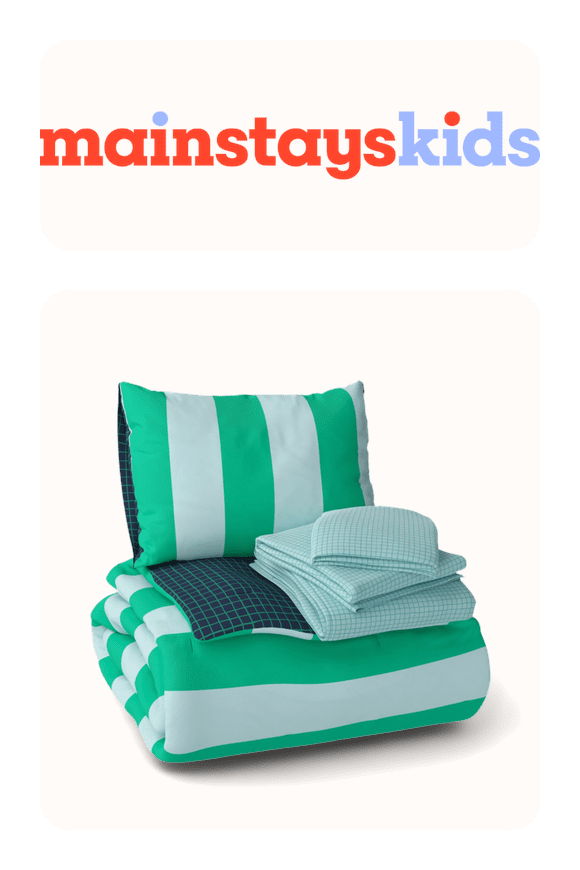 Image shows Mainstays Kids Green and Blue Stripe Reversible Comforter Set with Sheets, Twin, 5 Pieces